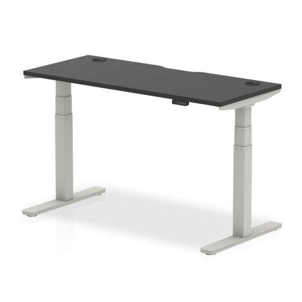 height adjustable desk with black desk top and silver legs