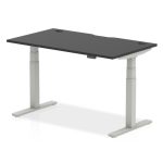 height adjustable desk with black desk top and silver leg frame