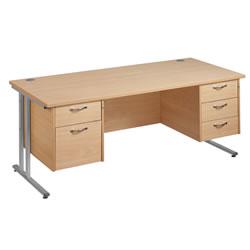 office furniture online desk with 2 fixed pedestals in beech finish with silver cantilever leg frame