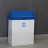 white office recycling bin with blue swing lid