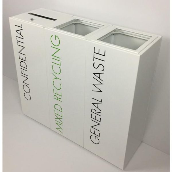 3 office recycling bins with lettering for Confidential, Mixed Recycling and General Waste