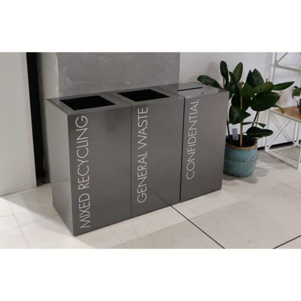 grey office recycling bins with white lettering. Mixed Recycling, General Waste and Confidential