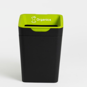 black office recycling bin with lime green bin lid. With white lettering Organics