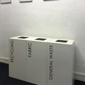 office recycling bin pictures. 3 white bins in a row