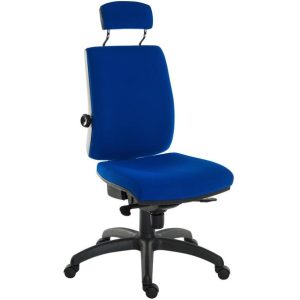 ergonomic operator chairs with headrest. Blue fabric seat and black base
