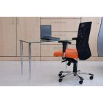 glass desk with chrome legs with office chair
