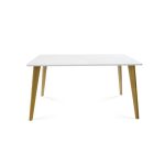 skandi style desk with white desk top and solid oak legs