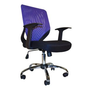 mesh back office chair with purple mesh back and black fabric seat side view