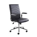 black leather office chair with chrome base and padded arms