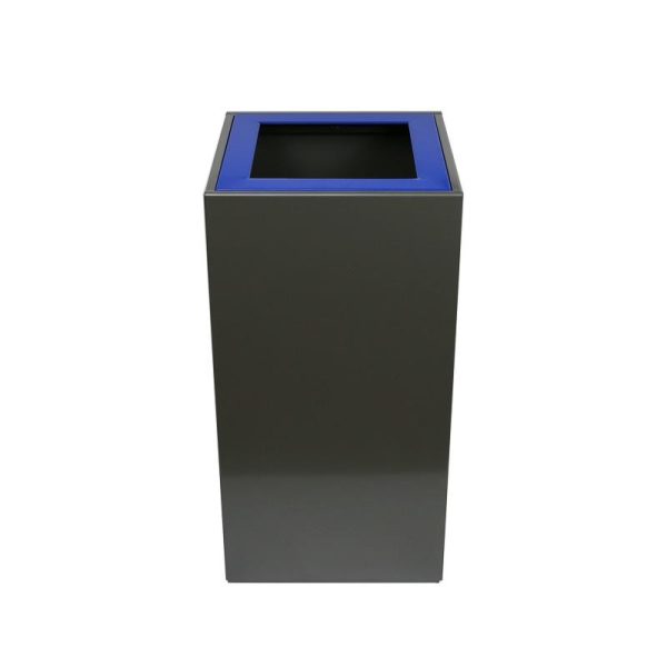 black office recycling bin with blue top