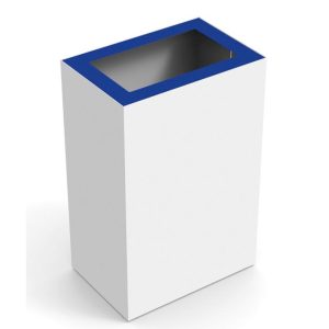 white office recycling bin with blue top