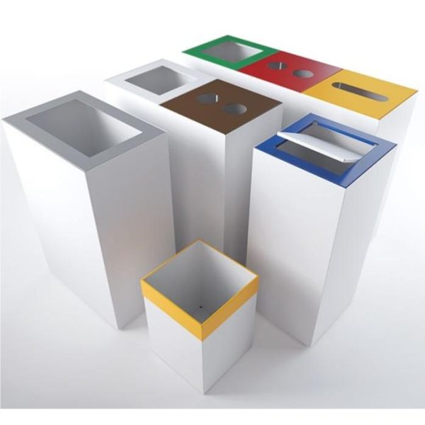 group of office recycling bins with white bodies and different coloured tops and cut outs for waste