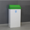 white office recycling bin with green swing top