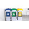 3 grey office recycling bins on a trolley with different coloured recycling labels and tops