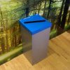 office recycling bin with silver body and blue top with paper slot