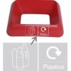 red plastic office recycling bin lid with Plastics lettering and pictogram