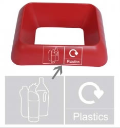 red plastic office recycling bin lid with Plastics lettering and pictogram