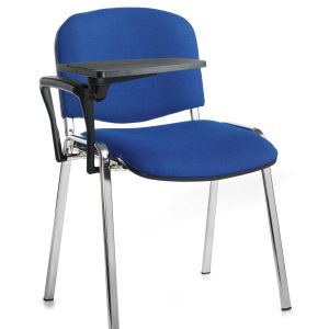 seat with writing tablet for training and meeting rooms with blue fabric seat and black writing tablet