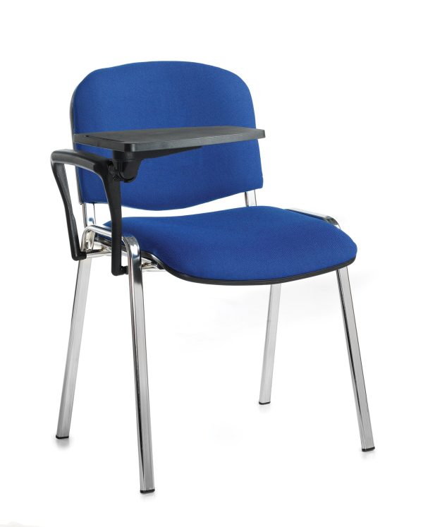 seat with writing tablet for training and meeting rooms with blue fabric seat and black writing tablet