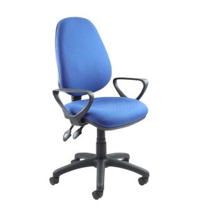 blue fabric operators chair with black base