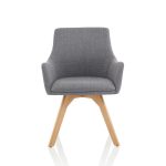 wooden leg visitor chair with grey fabric seat