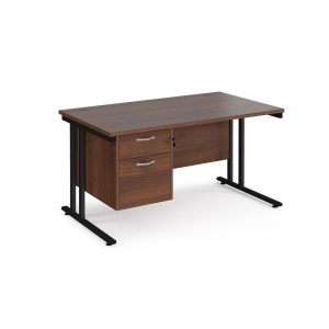 straight desk with drawers in walnut finish and black legs