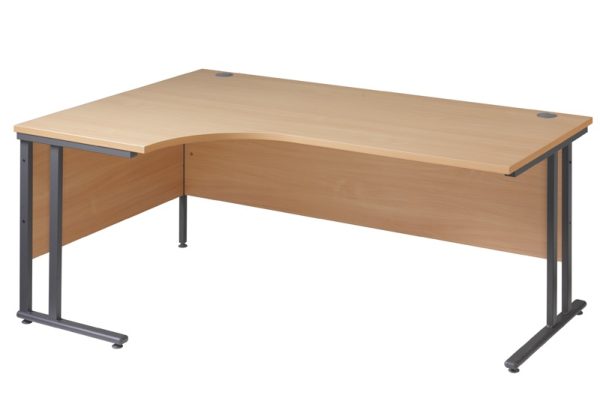 ergonomic left hand desk with beech desk top and black leg frame