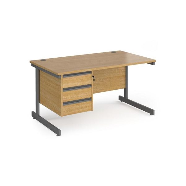 straight desk with pedestal. oak finish with graphite leg frame
