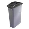 grey plastic office recycling bin with black top