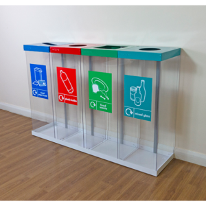 transparent office recycling bins with different coloured stickers and top for different waste streams