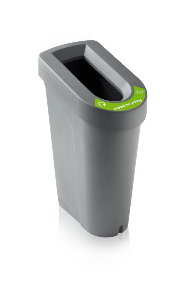 recycled plastic recycling bin grey with green sticker