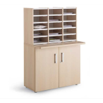 pigeon hole post sorting station in maple on a mailroom wood door cupboard