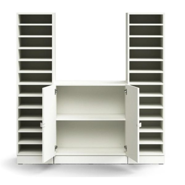 white pigeon hole storage unit with cupboard in the middle that is open