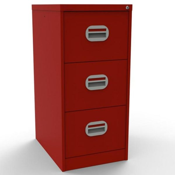 red office filing cabinet with 3 drawers