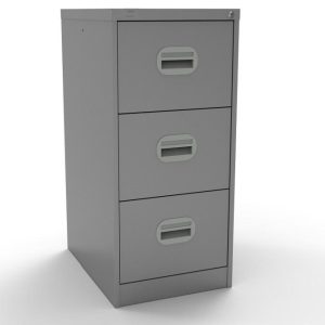 silver filing cabinet with 3 drawers