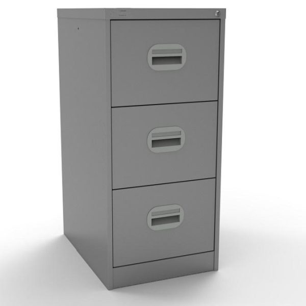 silver filing cabinet with 3 drawers