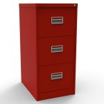 red filing cabinet with 3 drawers