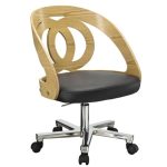 oak office chair in curved wood design with black seat and chrome base
