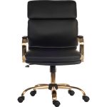black leather vintage style office chair with brass coloured base and arms