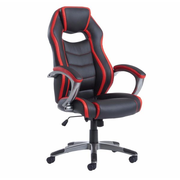 high back office chair in red and black faux leather