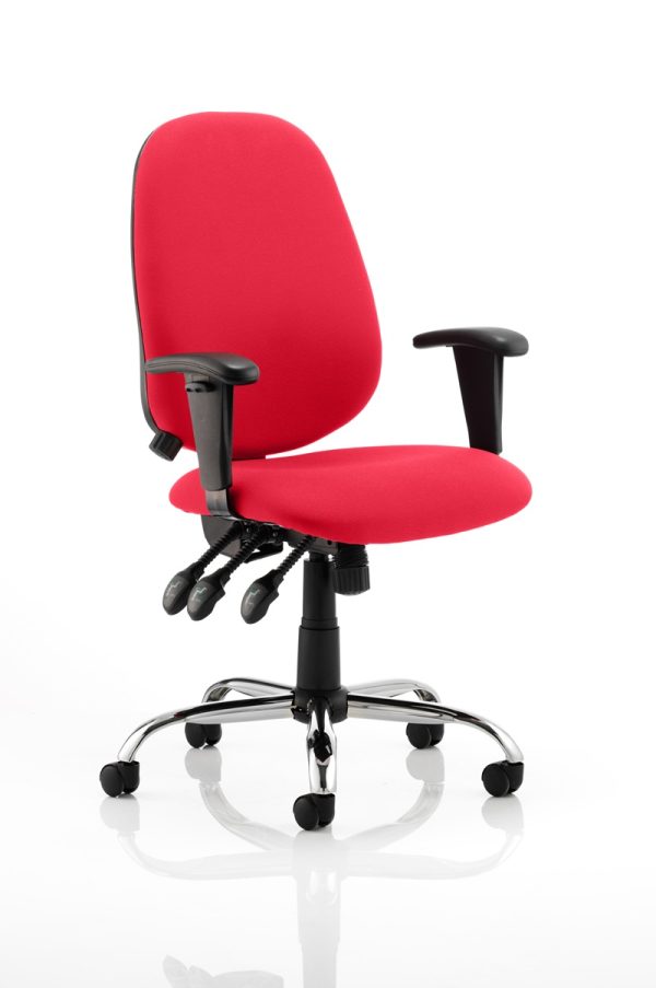 task operator chair with red fabric seat and chrome base