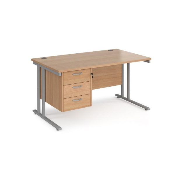 3 drawer pedestal desk in beech with silver frame