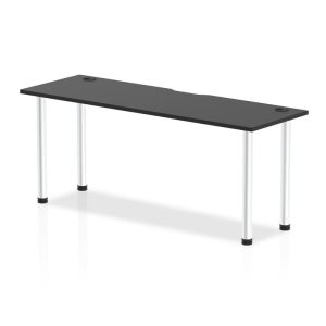 office desk with black desk top and aluminium legs