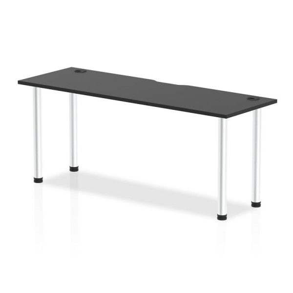 office desk with black desk top and aluminium legs