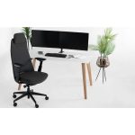 skandi style desk with white desk top and sold wooden legs