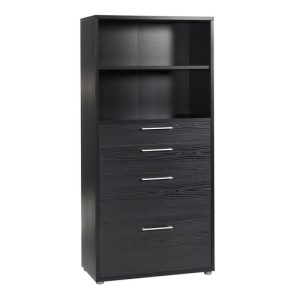 Black office storage unit with 4 drawers and shelves
