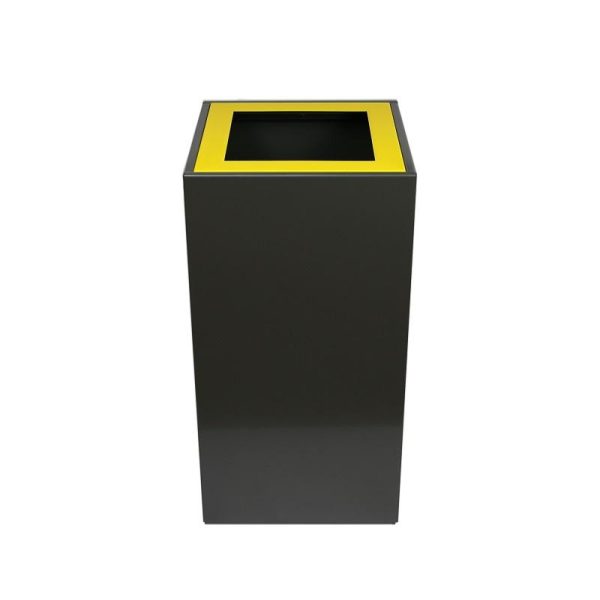black office recycling bin with yellow top.
