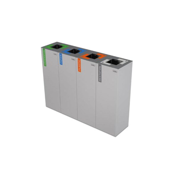 silver office recycling bins in a row of 4. With different coloured stickers for waste stream