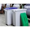 grey office recycling bins with blue and green top in factory setting