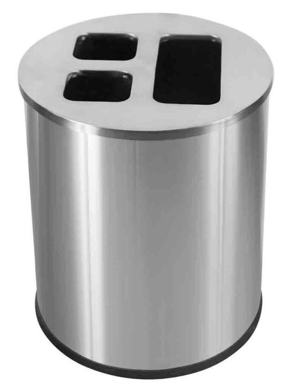 stainless steel office recycling bin with 3 cut outs for waste